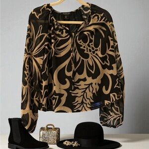 Rachel Zoe Black and Cream Graphic Long Sleeve Blouse